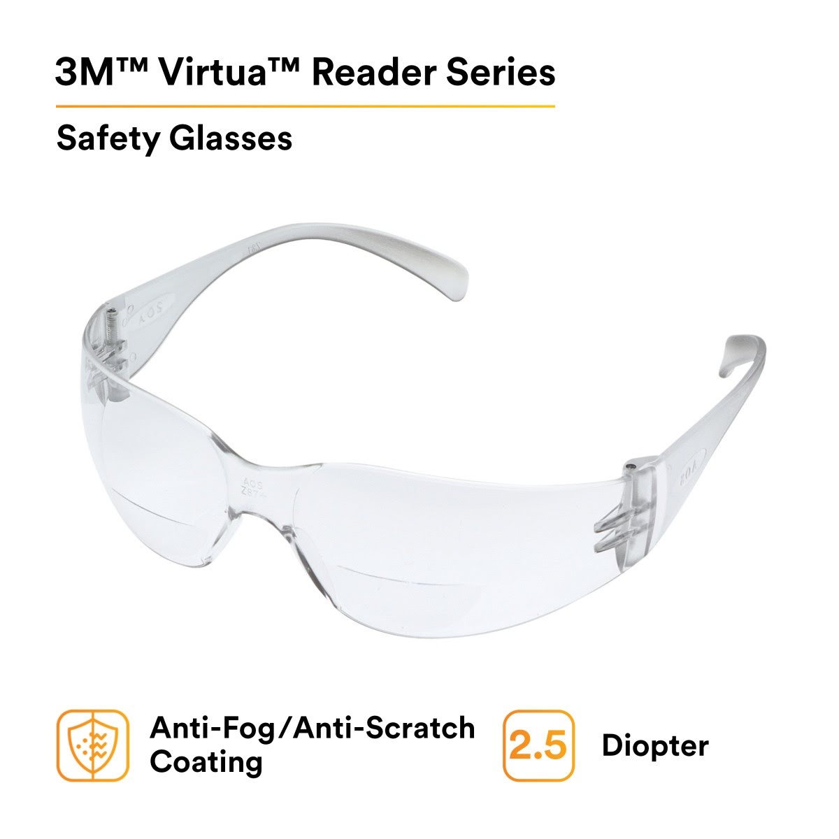 3M 11515-00000-20 Virtua Safety Glasses Reader Protective Eyewear, +2.5 Diopter, Anti-Fog Clear Lens, Clear Frame, ANSI Z87.1-2015 (7000127513) (20 Pack) - 2