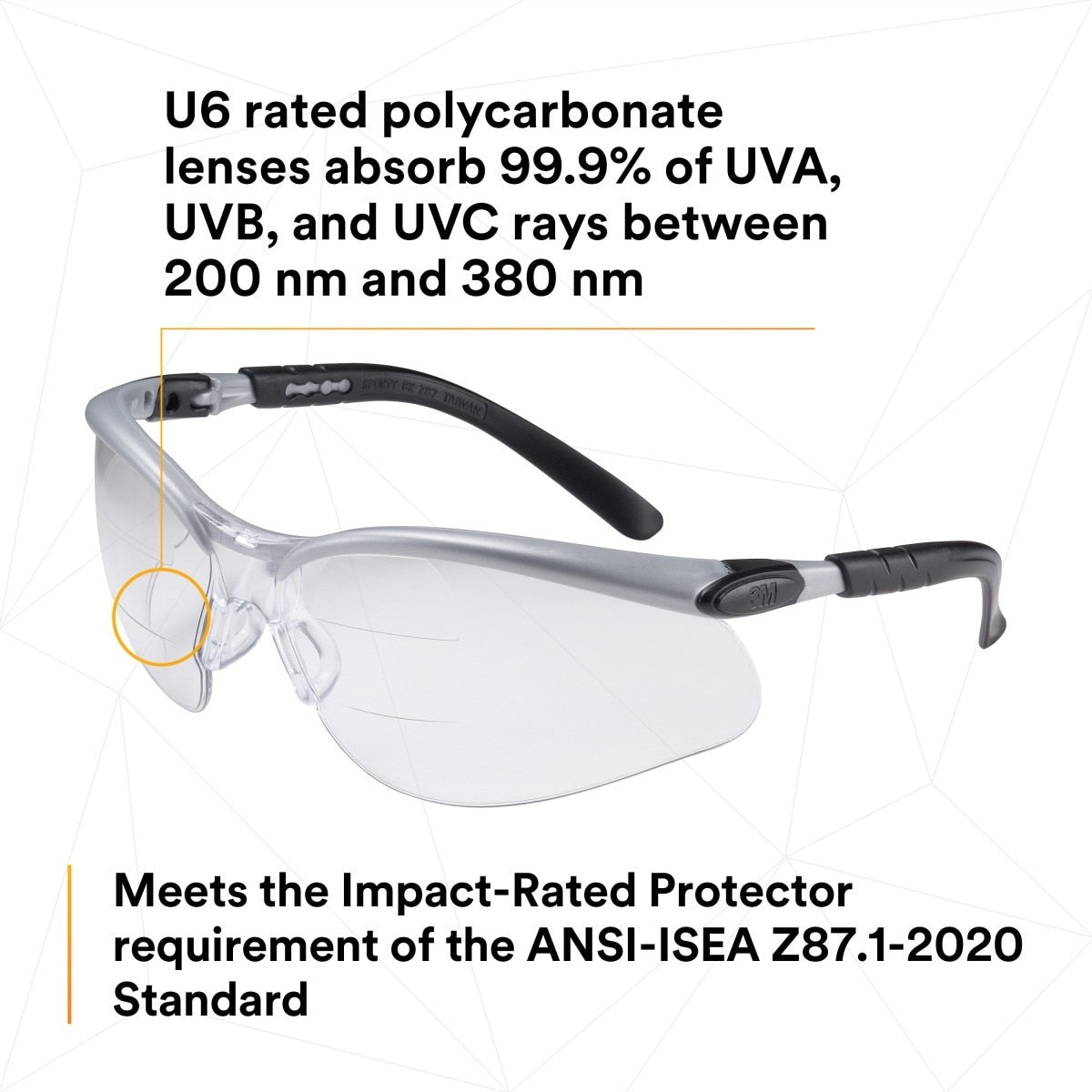 3M 11458-00000-20 BX Dual Reader Protective Safety Glasses, +2.0 Diopter, Anti-Fog Clear Lens, Silver/Black Frame (7000127662) (20 Pack) - 7