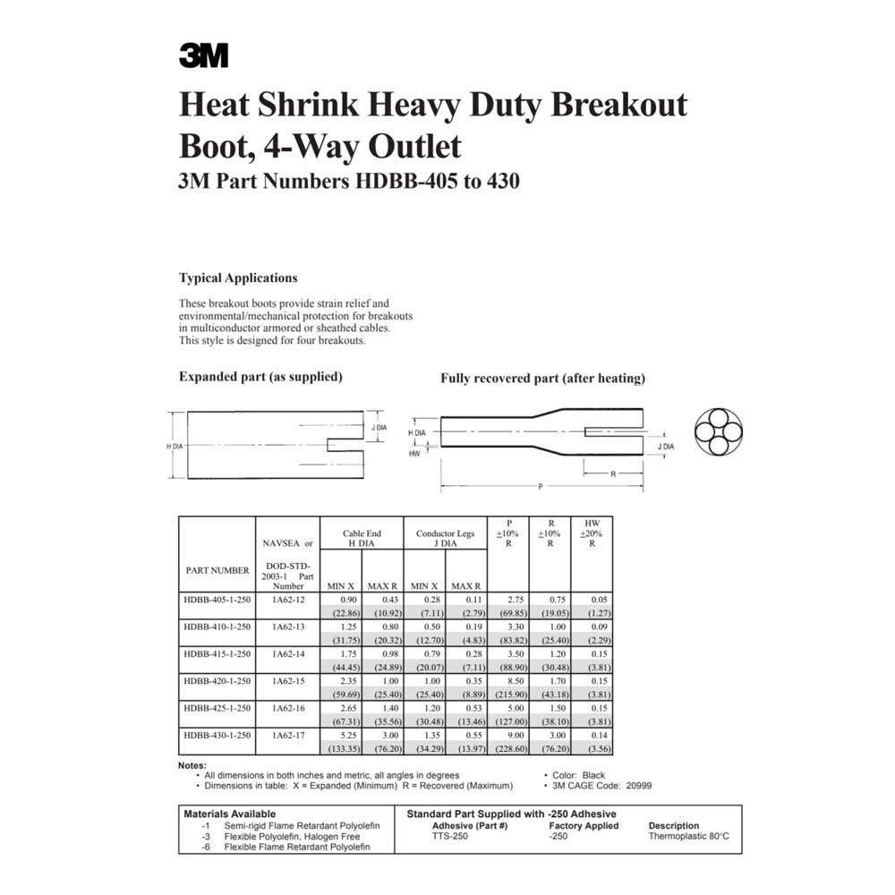 3M HDBB-430-1-250 HDBB Heat Shrinkable Cable Breakout Boot black 4-way outlet (7000132509) - 2