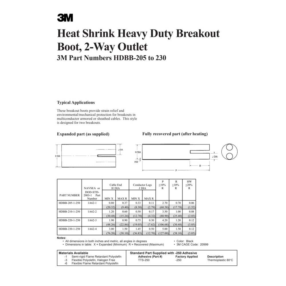 3M HDBB-210-1-250 Heat Shrinkable Cable Breakout Boot black 2-way outlet (7000132575) - 2