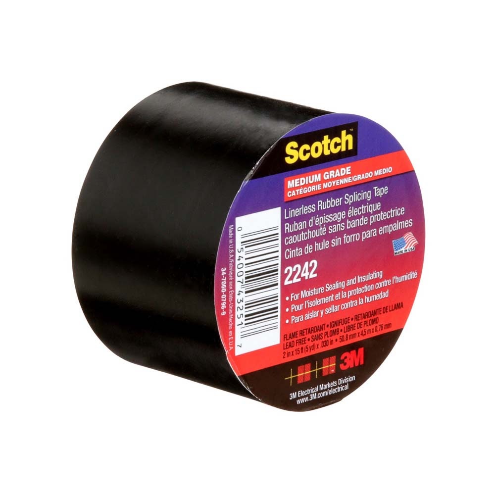 3M 2242-2X15FT Linerless Electrical Rubber Tape 2242, Black, General Purpose Self-Fusing Insulating Tape (7000132759) (8 Pack) - 3