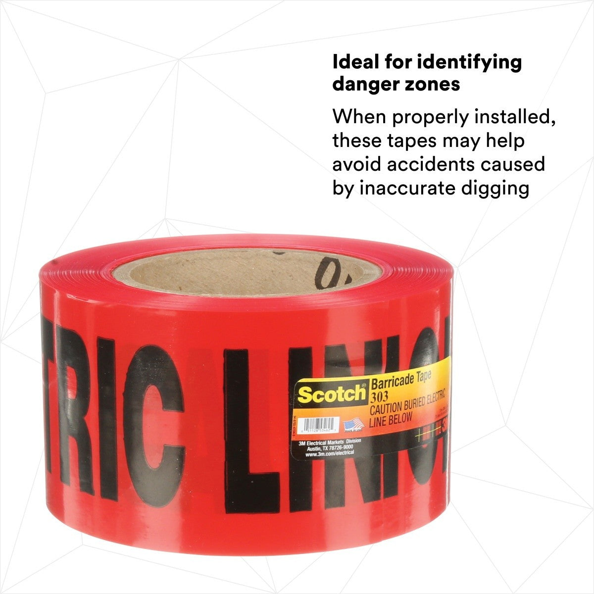 3M 303-R-3X300FT Scotch Buried Barricade Tape 303, CAUTION BURIED ELECTRIC LINE BELOW, Red, 3 in x 300 ft (7000132915) (16 Pack) - 5