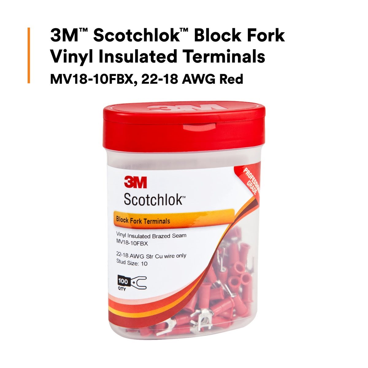 3M MV18-10FBX Block Fork Vinyl Insulated Terminals, Red, 22-18 AWG, Stud Size 10, 100 per Bottle (7000133324) (500 Pack) - 2