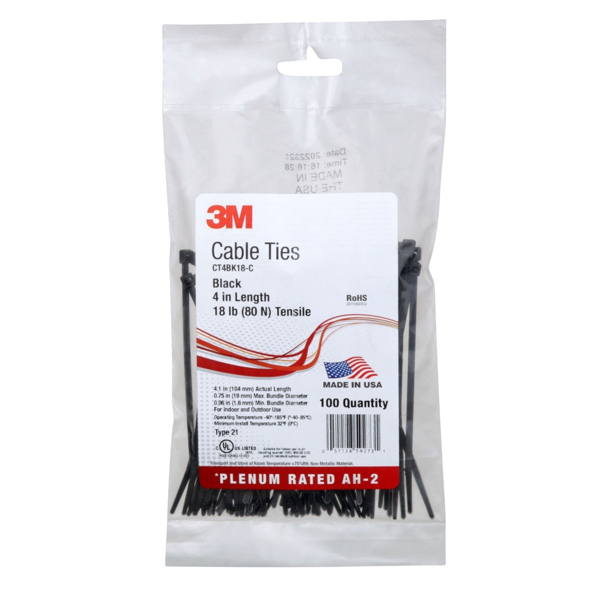 3M CT4BK18-C Cable Tie, Self-locking, Nylon 6/6, Black, 4 in, 18 lb Tensile Strength (7000133450) (1000 Pack) - 2