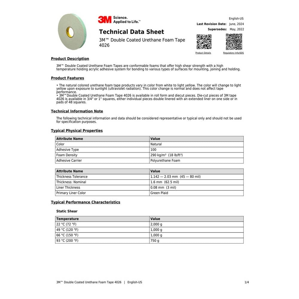 3M 4026 Double Coated Urethane Foam Tape Natural 62 mil (7000144895) (1000 Pack) - 2