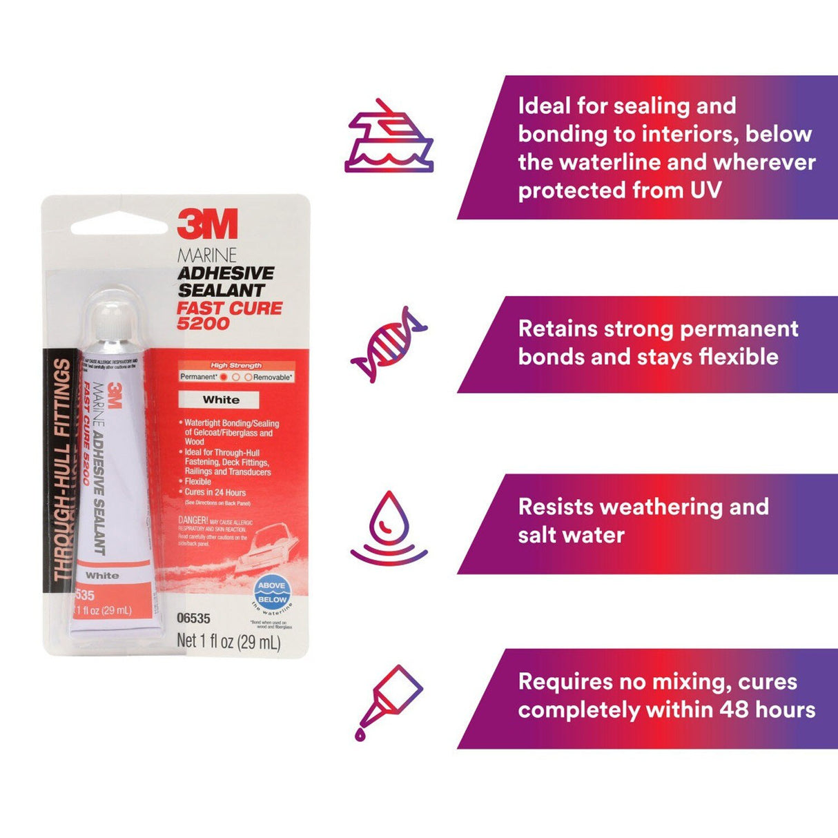 3M 4200FC Marine Adhesive Sealant Fast Cure, White, 3 oz Tube (5260) (7000148282) (6 Pack) - 6