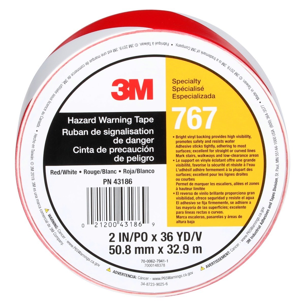 3M 767 Safety Stripe Vinyl Tape, Red/White, 2 in x 36 yd, 5 mil, Individually Wrapped Conveniently Packaged (7000148378) (24 Pack) - 7