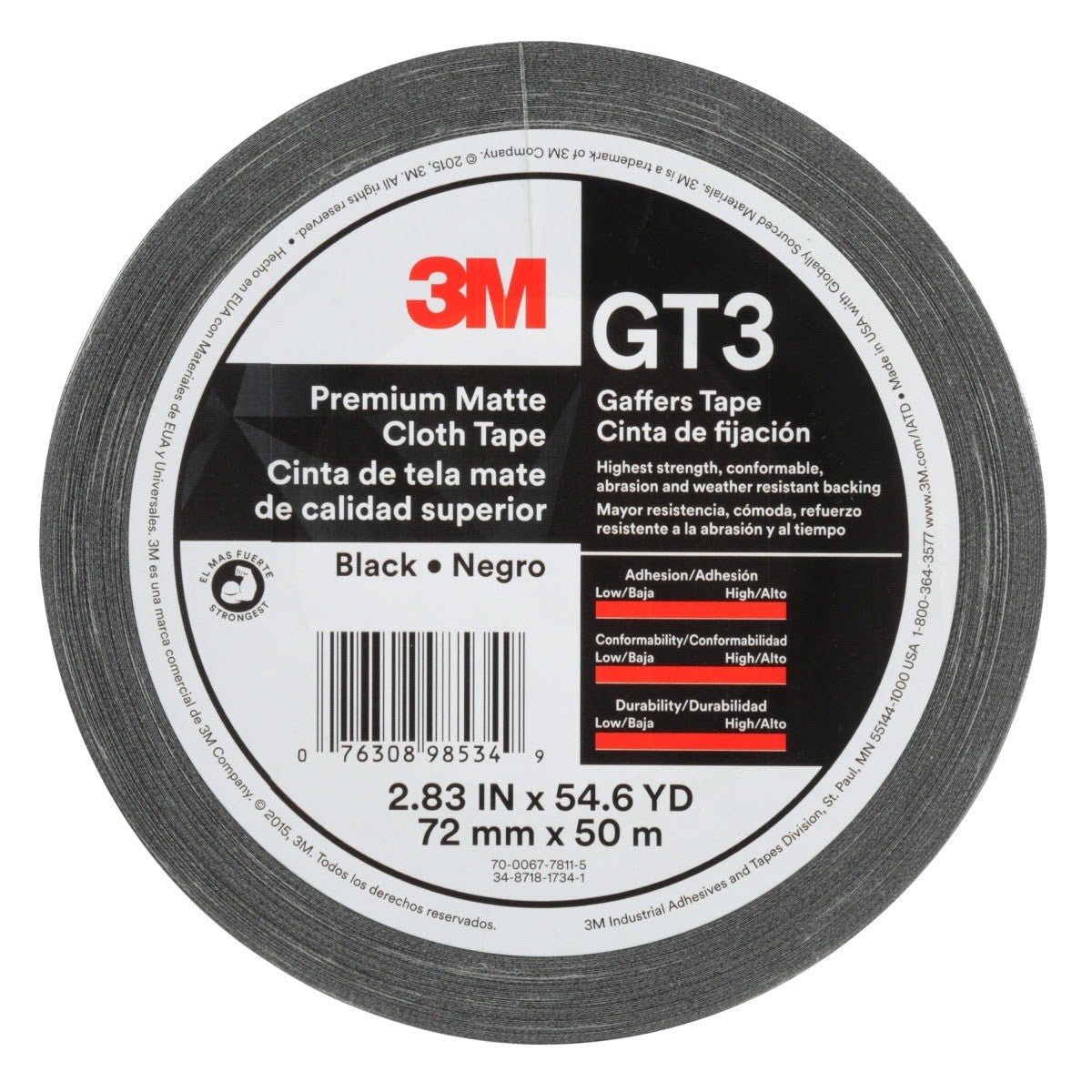 3M GT3 Premium Matte Cloth (Gaffers) Tape, Black, 72 mm x 50 m, 11 mil (7010291525) (576Pack)
