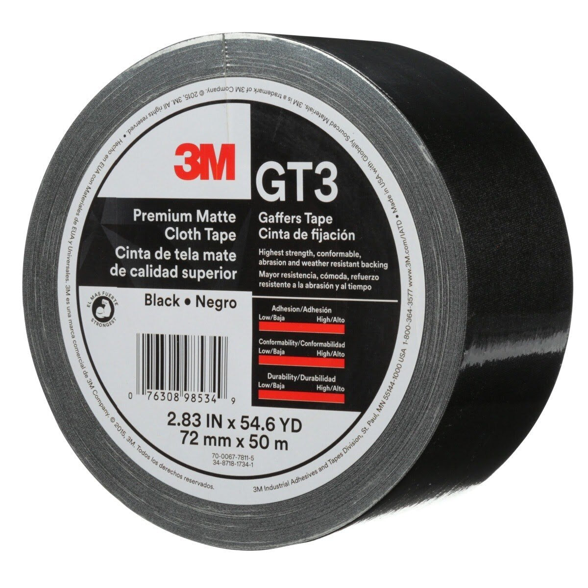 3M GT3 Premium Matte Cloth (Gaffers) Tape, Black, 72 mm x 50 m, 11 mil (7010291525) (576Pack) - 3