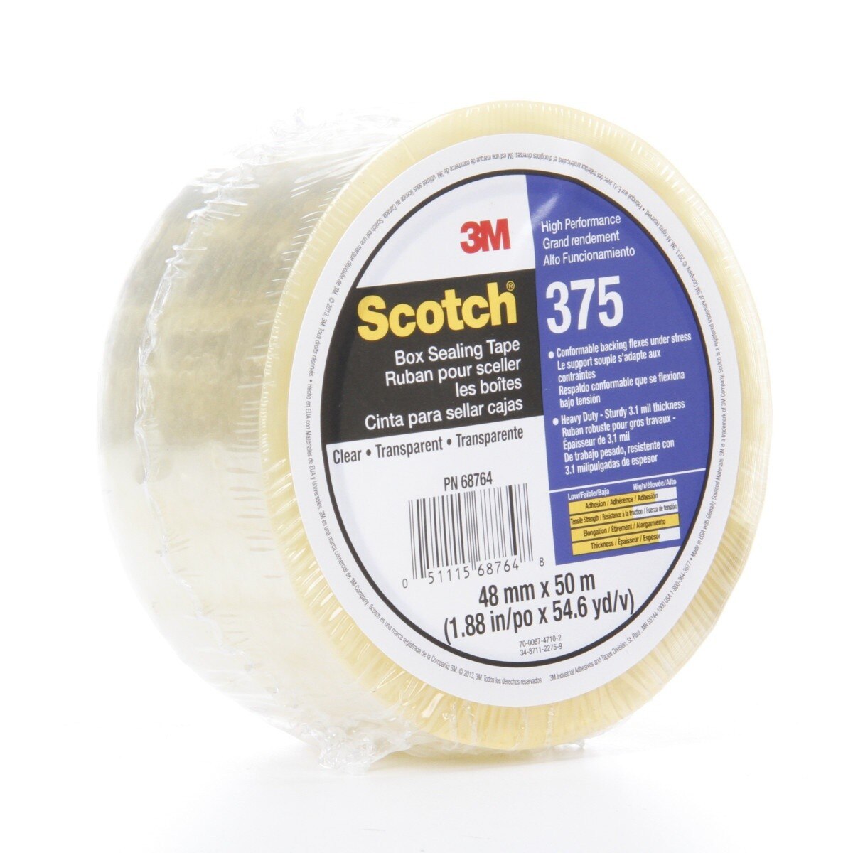 3M 68764-8 Scotch High Performance Box Sealing 375 Tape Clear, 48mm x 50m (7010295456) - 3