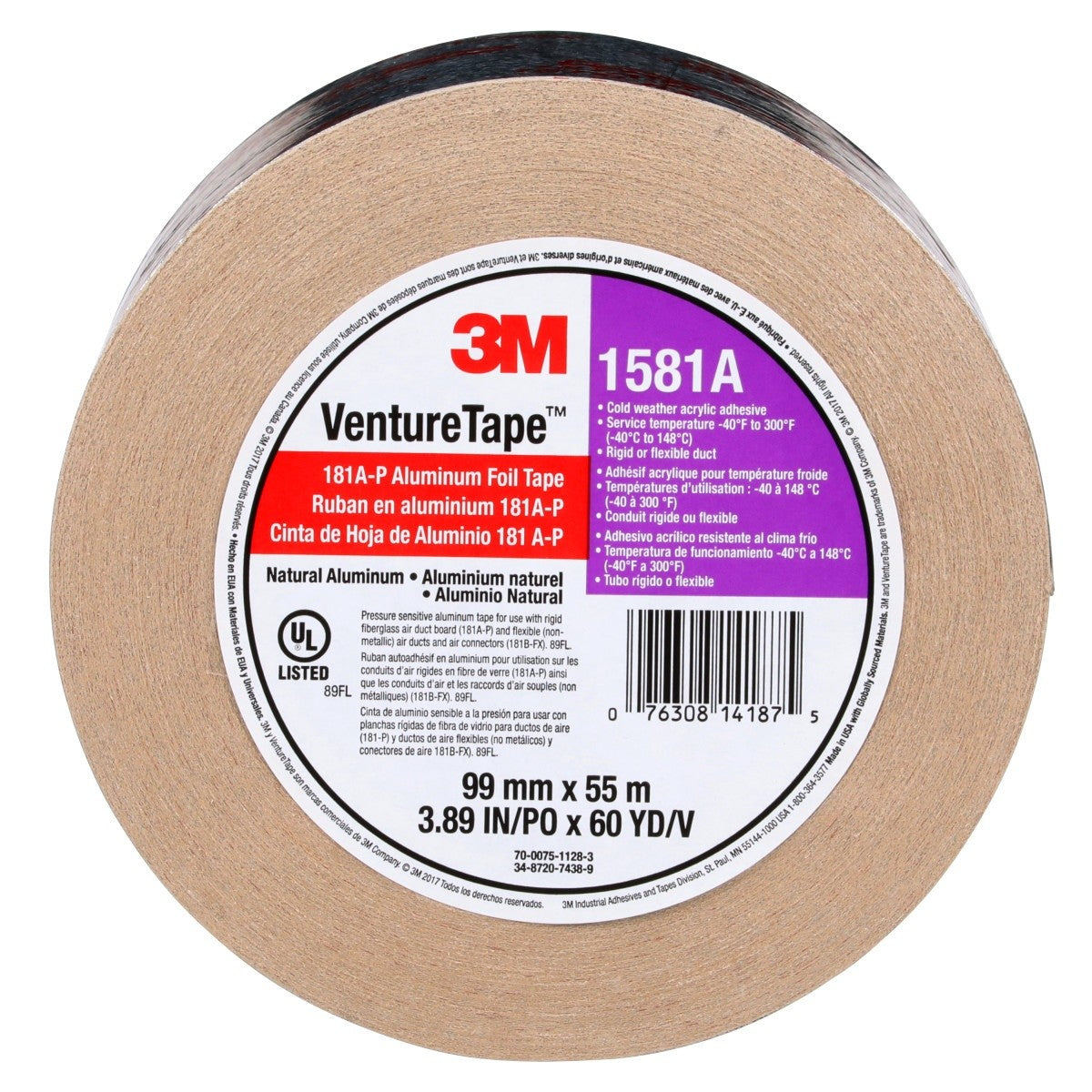 3M 1581A UL181A-P Aluminum Foil Tape, Natural Aluminum, Rigid/Flexible Duct Seaming, Cold Weather Adhesion, 3-7/8 in x 60 yd, 2 mil (7010302857) (12 Pack) - 7