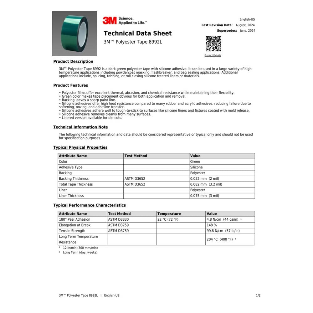 3M 8992L Polyester Tape , 24' x 72 yd. 3.2 mil, Green (7010313272) - 3