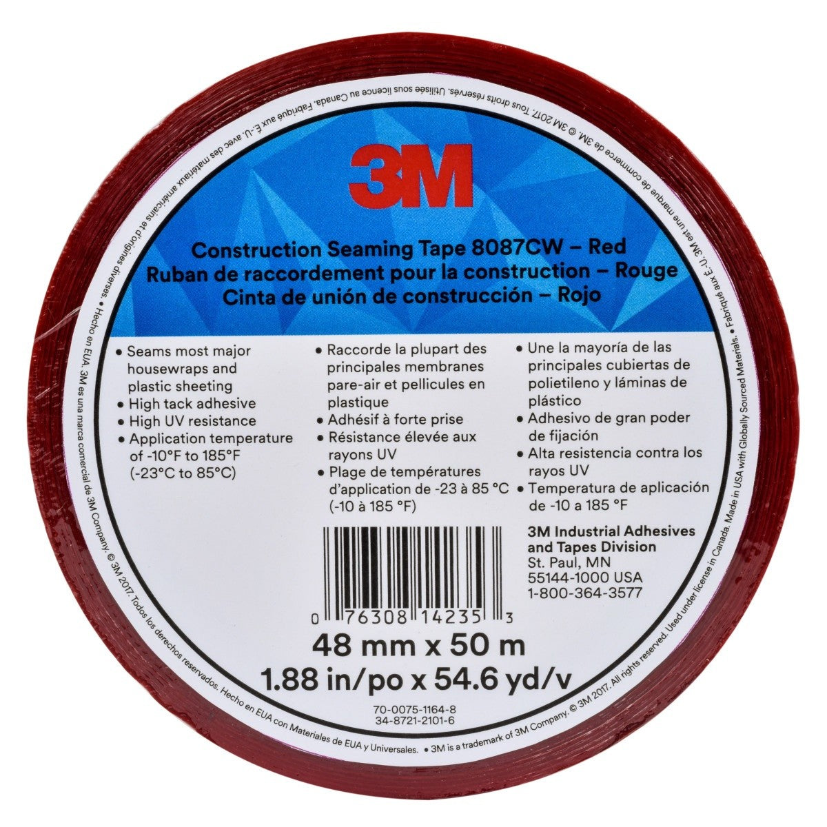 3M 8087CW Construction Seaming Tape, Red, 48 mm x 50 m, BOPP Acrylic, Cold Weather Sheathing/Housewrap (7010314187) (24 Pack)