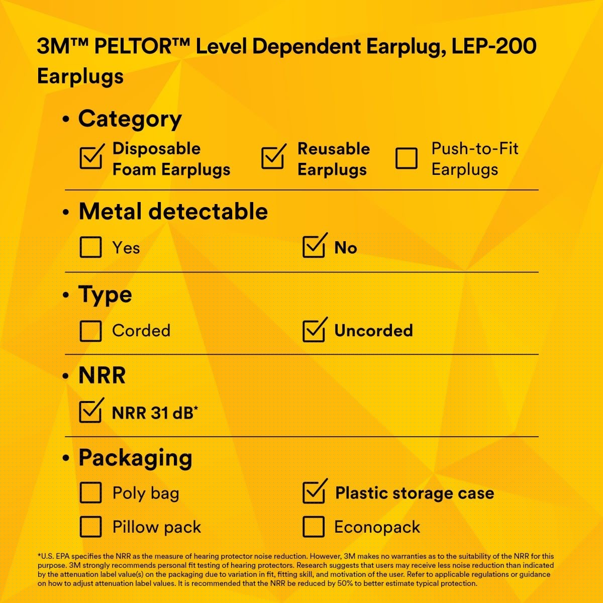 3M LEP-200 PELTOR Level Dependent Earplug Kit, Rechargeable Li-Ion, Micro USB, Yellow, NRR 31 dB (7010316631) - 10