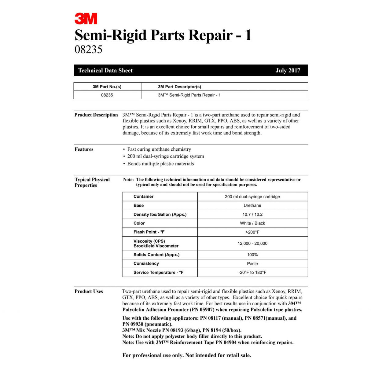 3M 08237 Semi-Rigid Parts Repair - 3 Two-Part Urethane Plastic Repair Adhesive, Black, 200 mL Cartridge (7010327900) - 2