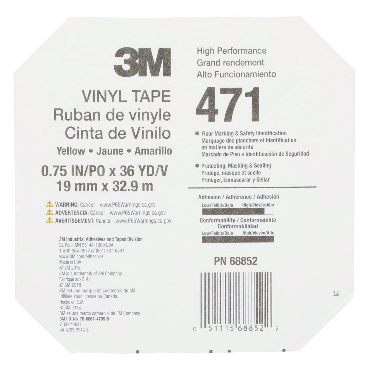 3M 471 Vinyl Tape, Yellow, 3/4 in x 36 yd, 5.2 mil (7010334520) (48 Pack) - 9