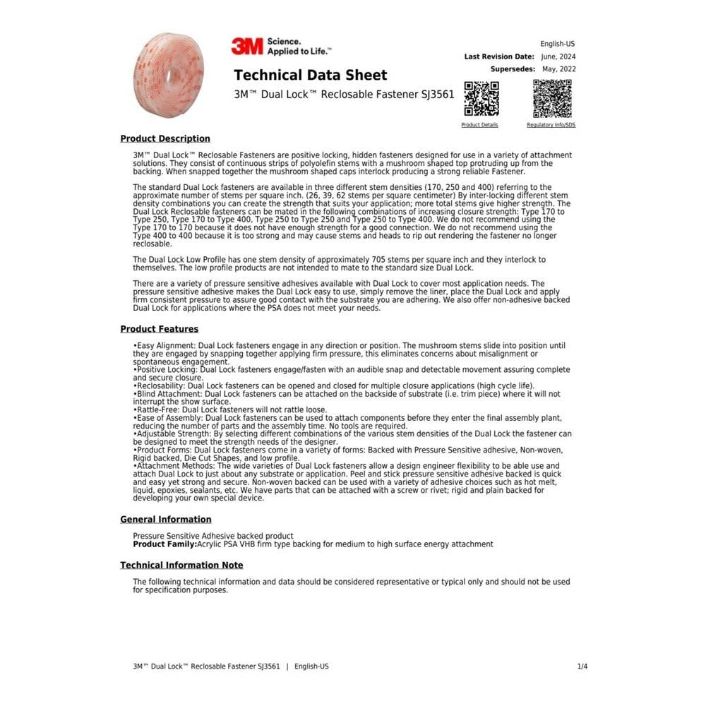 3M 7010334840 Dual Lock SJ3561 Type 400 Clear Reclosable Fastener Tape, 2 in x 50 yd Roll - 7