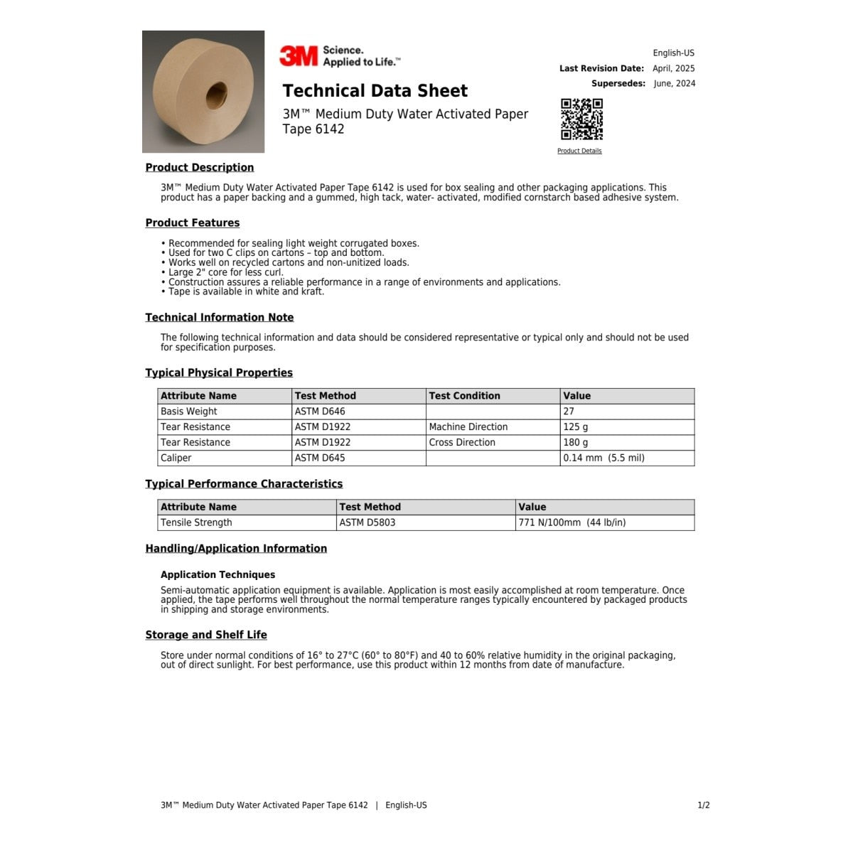 3M 6142 Water Activated Paper Tape, White, Medium Duty, 3 in x 600 ft (7010334934) (450 Pack) - 2