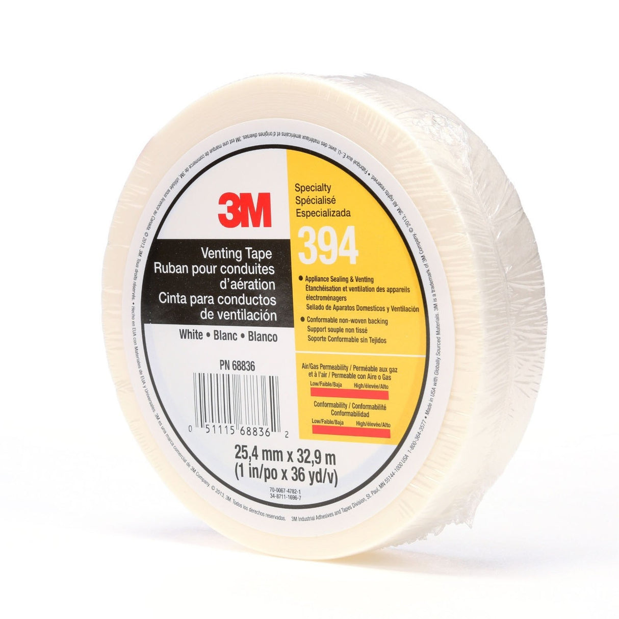 3M 394 Vent Tape, White, 1 in x 36 yd, 4 mil (394 IW) (7010335135) (36 Pack) - 2