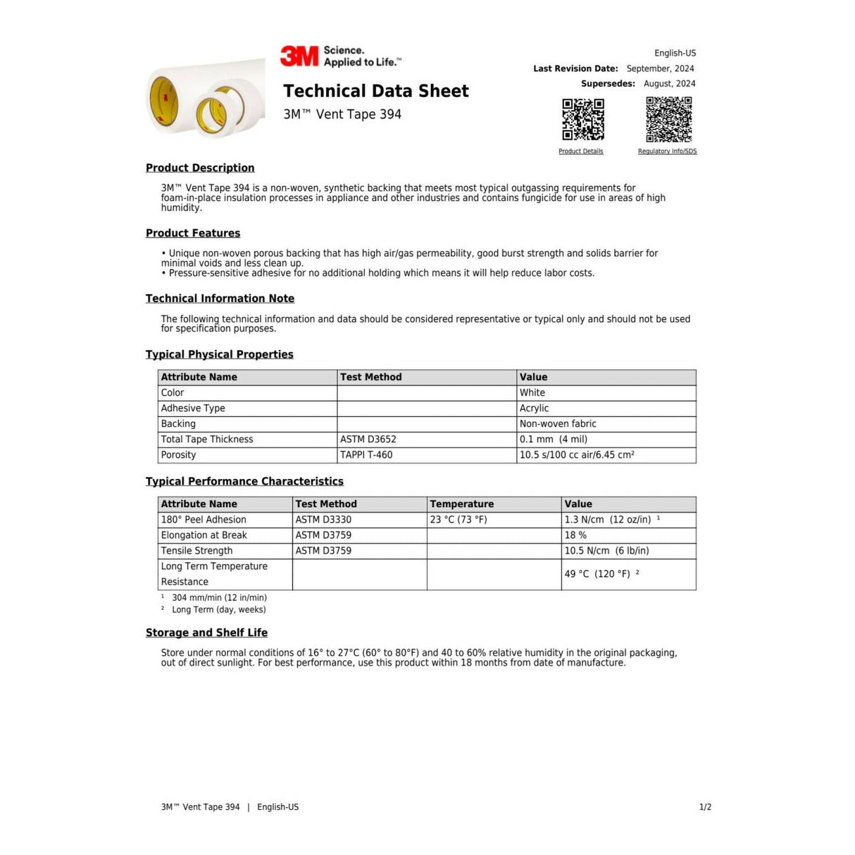 3M 394 Vent Tape, White, 1 in x 36 yd, 4 mil (394 IW) (7010335135) (36 Pack) - 7
