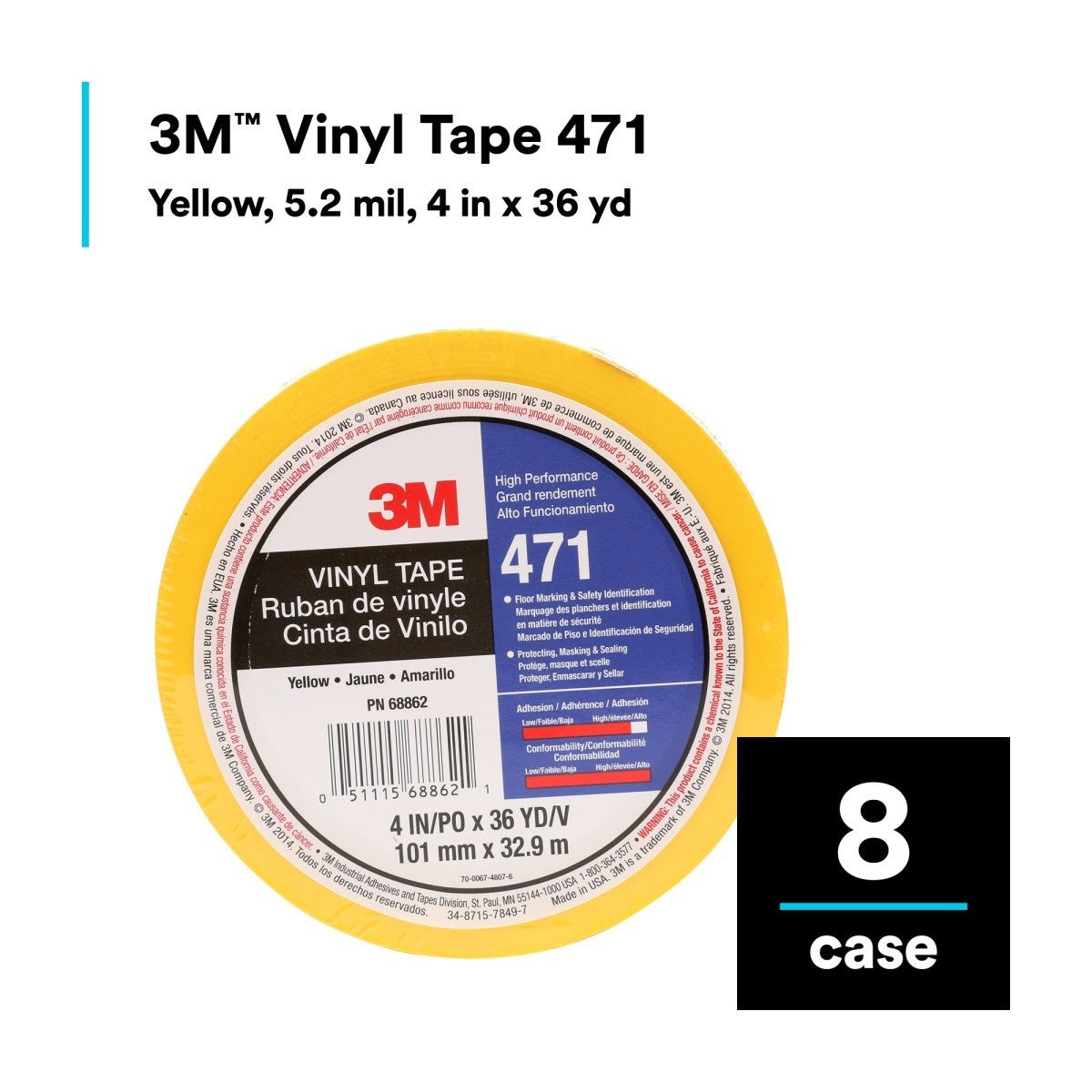 3M 471 471 IW Vinyl Tape, Yellow, 4 in x 36 yd, 5.2 mil, Individually Wrapped Conveniently Packaged (7010335141) (8 Pack) - 4