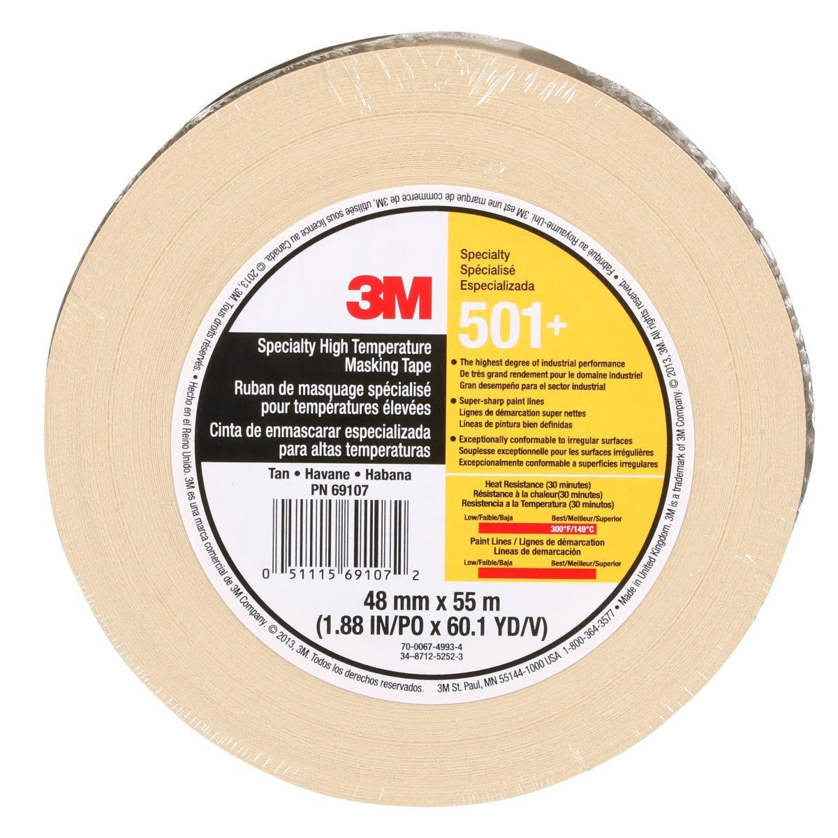 3M 501+ Specialty High Temperature Masking Tape, Tan, 48 mm x 55 m (7010335156) (24 Pack) - 3