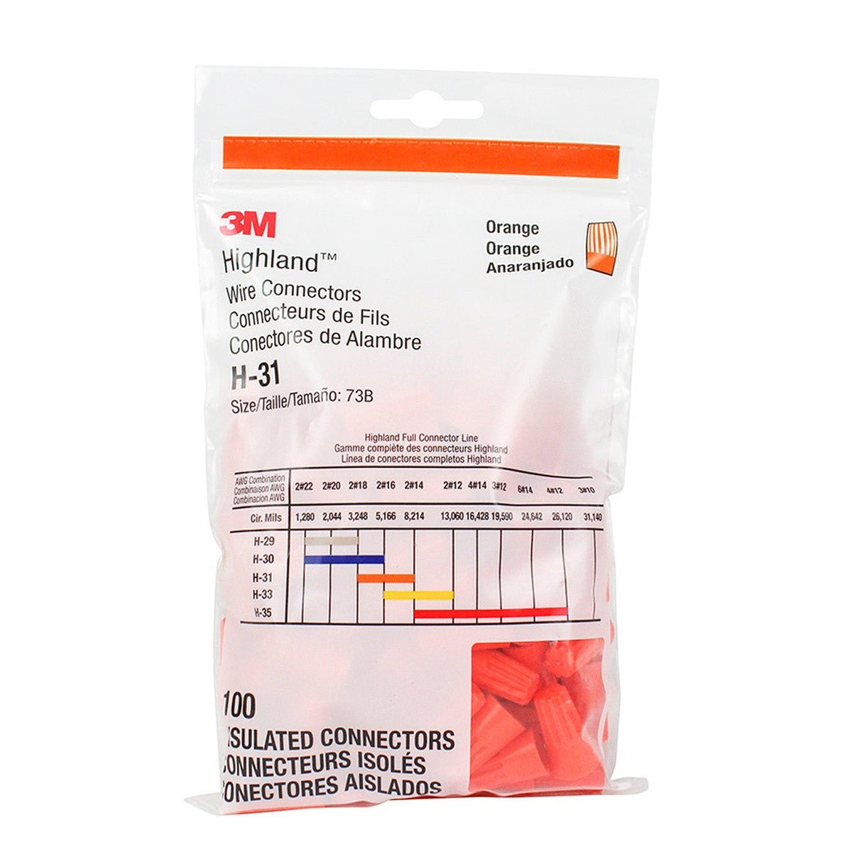 3M H-31-POUCH Highland Wire Connector, Twist-On, Orange, 18-14 AWG (7010348891) (1000 Pack) - 2