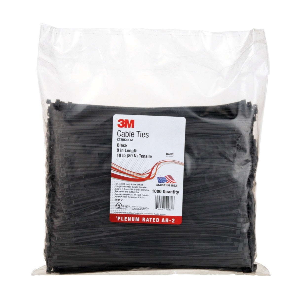 3M CT8BK18-M Cable Tie, Standard Nylon 6/6, Black, 8-3/32 in, 18 lb Tensile Strength, Plenum Rated AH-2, UV Resistant (7010349804) (10000 Pack) - 4