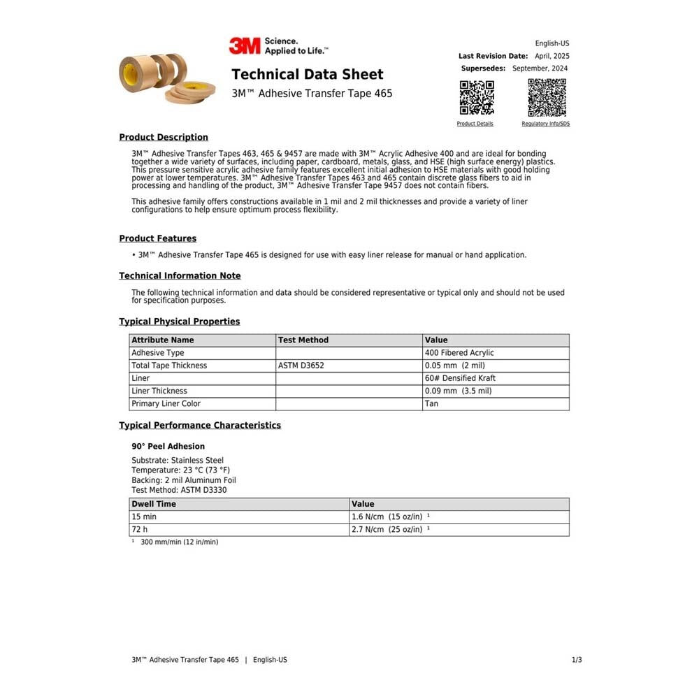 3M 465 Adhesive Transfer Tape , Clear, 18 in x 60 yd, 2 mil (7010369065) - 2