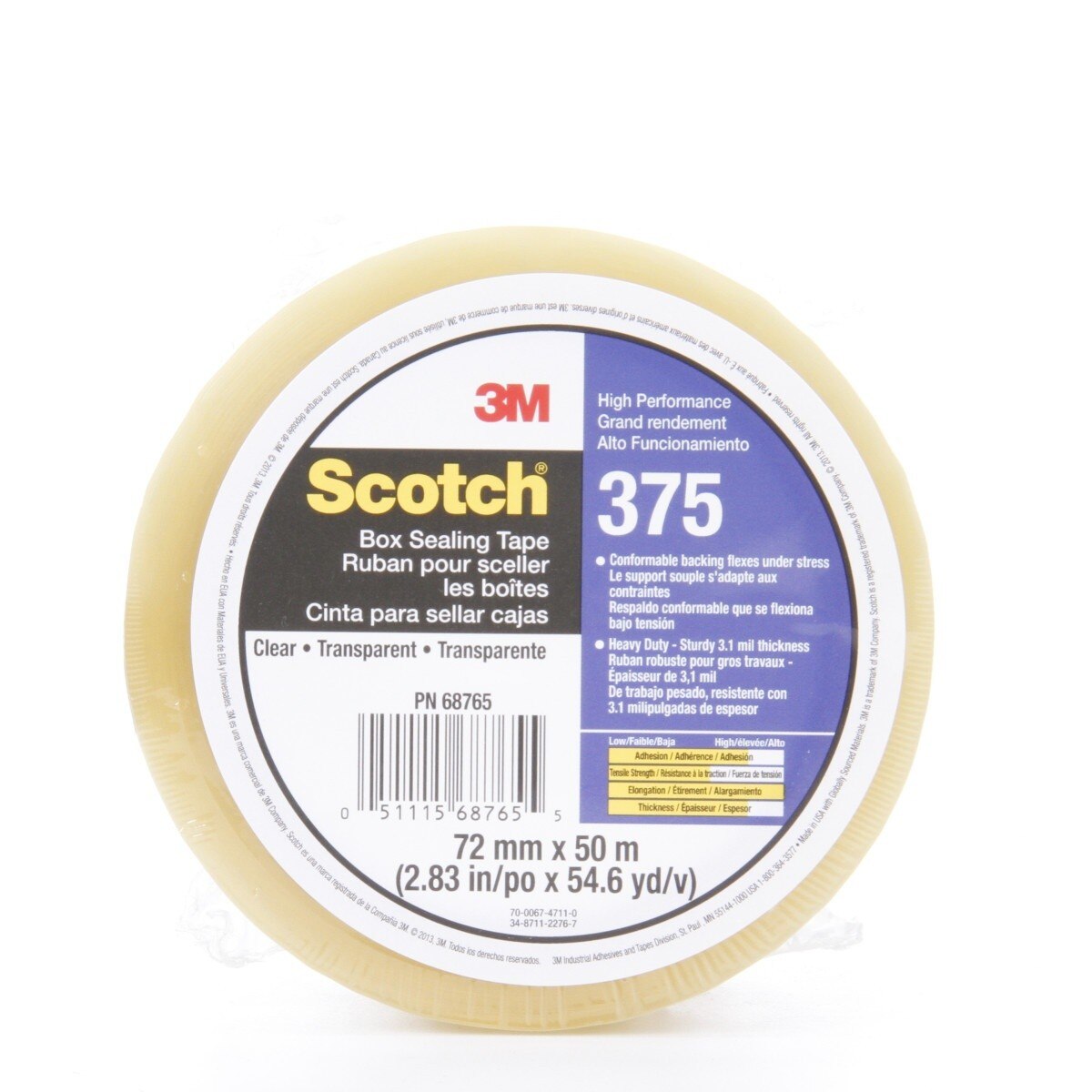 3M 68765-5 Scotch High Performance Box Sealing 375 Tape Clear, 72mm x 50m (7010374961)