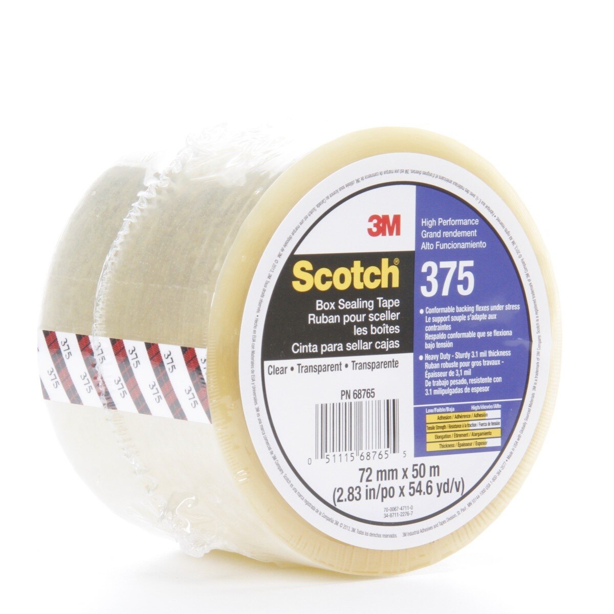 3M 68765-5 Scotch High Performance Box Sealing 375 Tape Clear, 72mm x 50m (7010374961) - 4