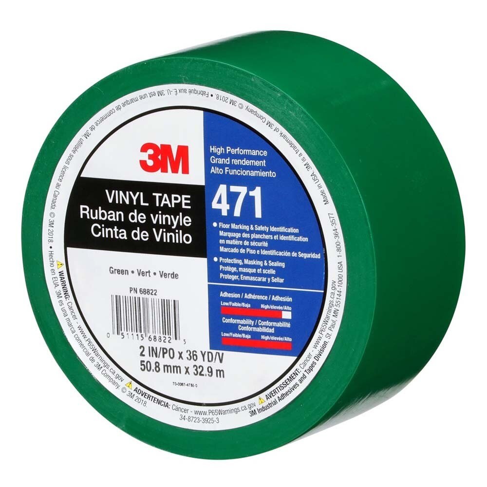3M 7010375094 Vinyl Tape 471, 3 in x 36 yd, Green, Green Floor Tape, Paint Alternative for Floor Marking, Social Distancing, Color Coding, Safety Marking - 7
