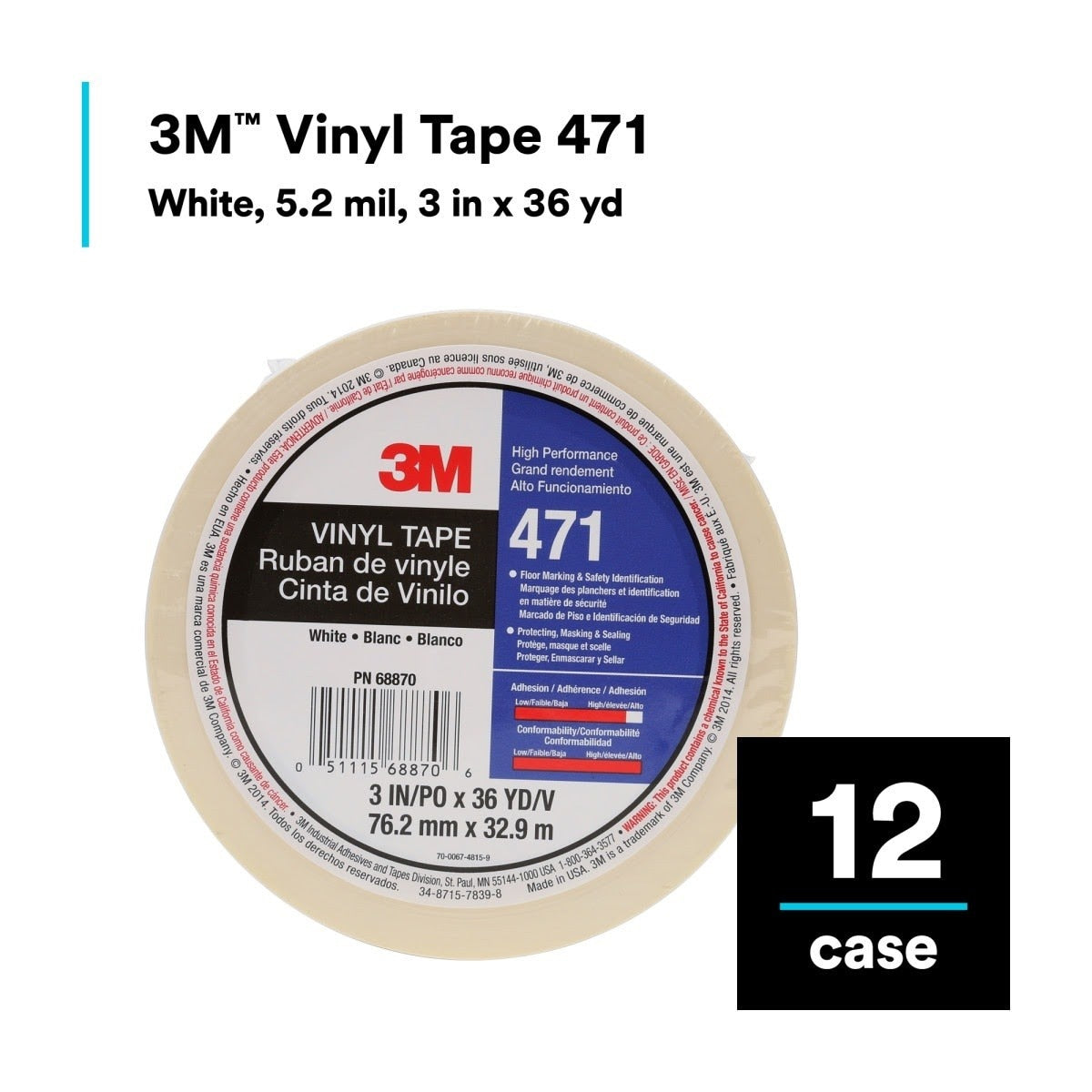 3M 471 471 IW Vinyl Tape, White, 3 in x 36 yd, 5.2 mil, Individually Wrapped Conveniently Packaged (7010375095) (12 Pack) - 4