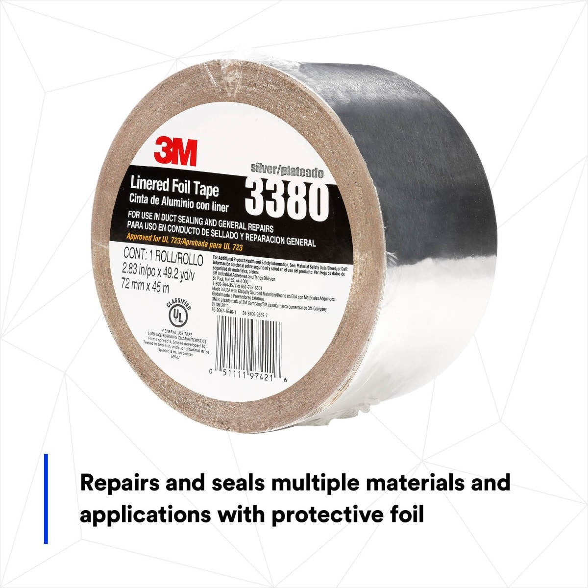 3M 3380 Aluminum Foil Tape, Silver, 72 mm x 45 m, 3.25 mil (7010375681) (16 Pack) - 4