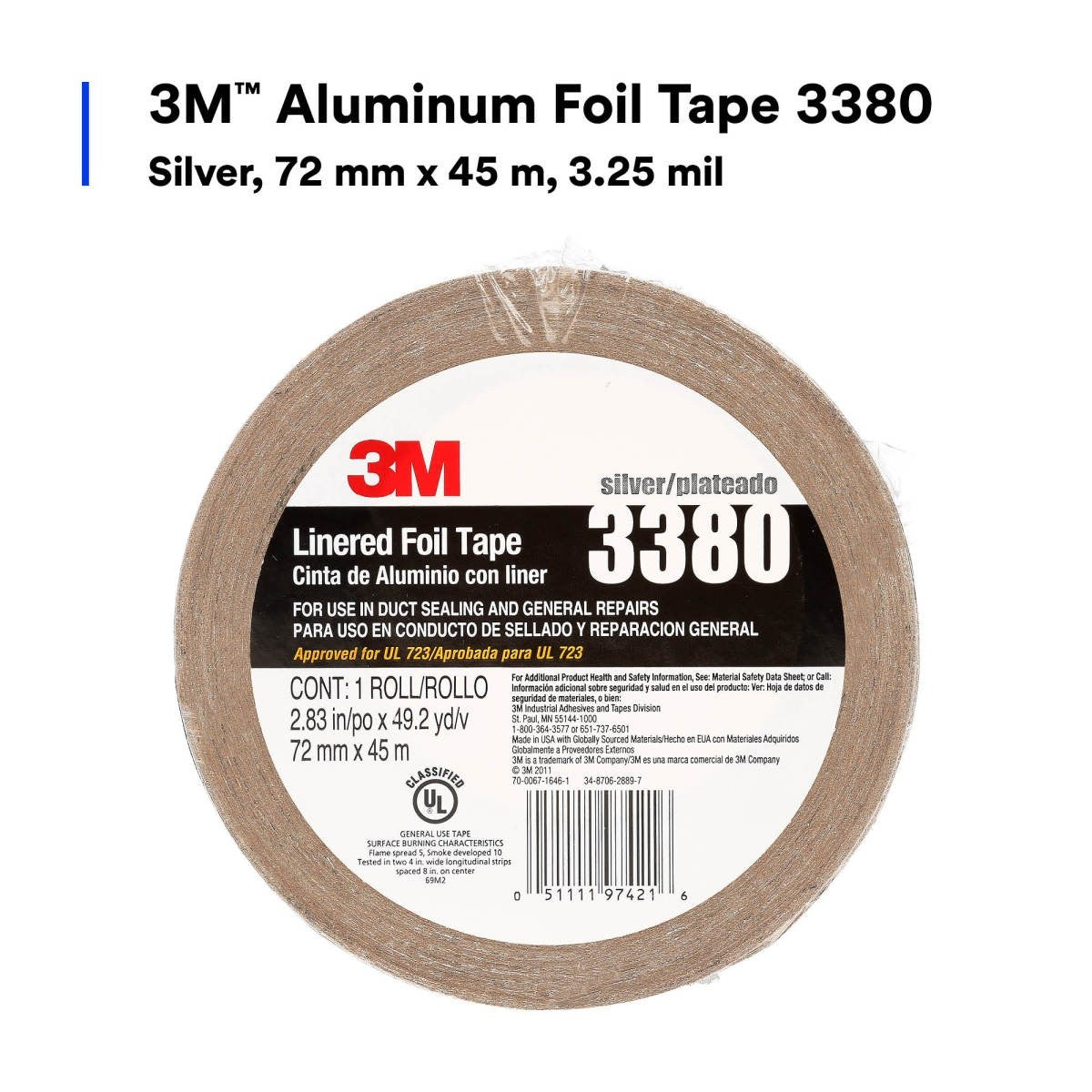 3M 3380 Aluminum Foil Tape, Silver, 72 mm x 45 m, 3.25 mil (7010375681) (16 Pack) - 5