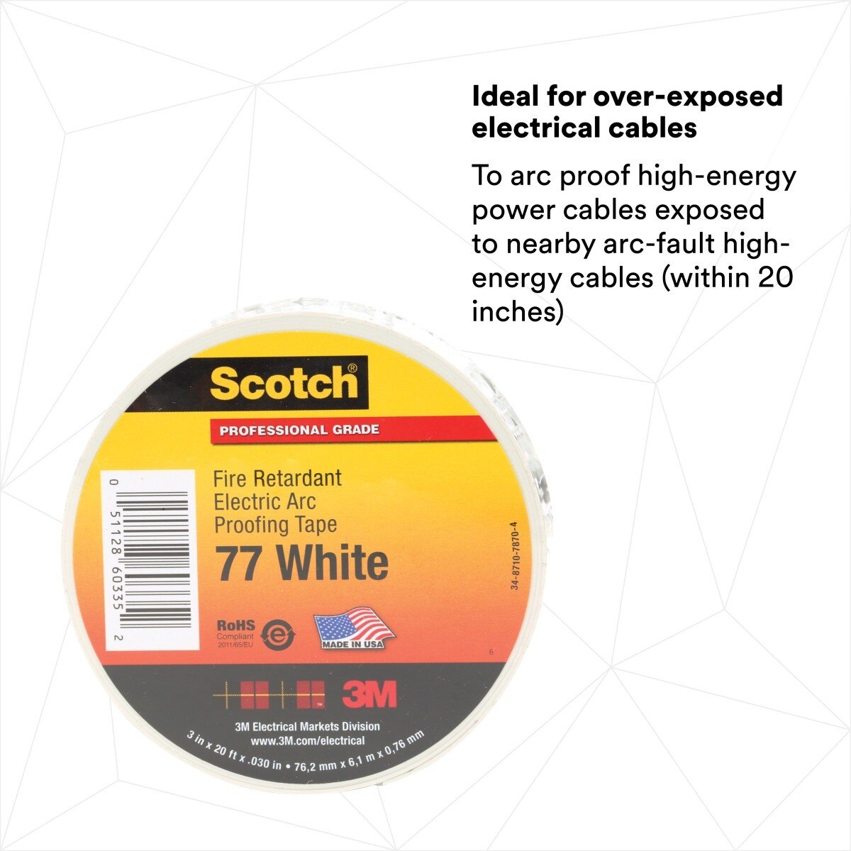 3M 77W-3X20FT Scotch Fire-Retardant Electric Arc Proofing Tape 77W, White Gray, 3 in x 20 ft (7010399034) (10 Pack) - 2