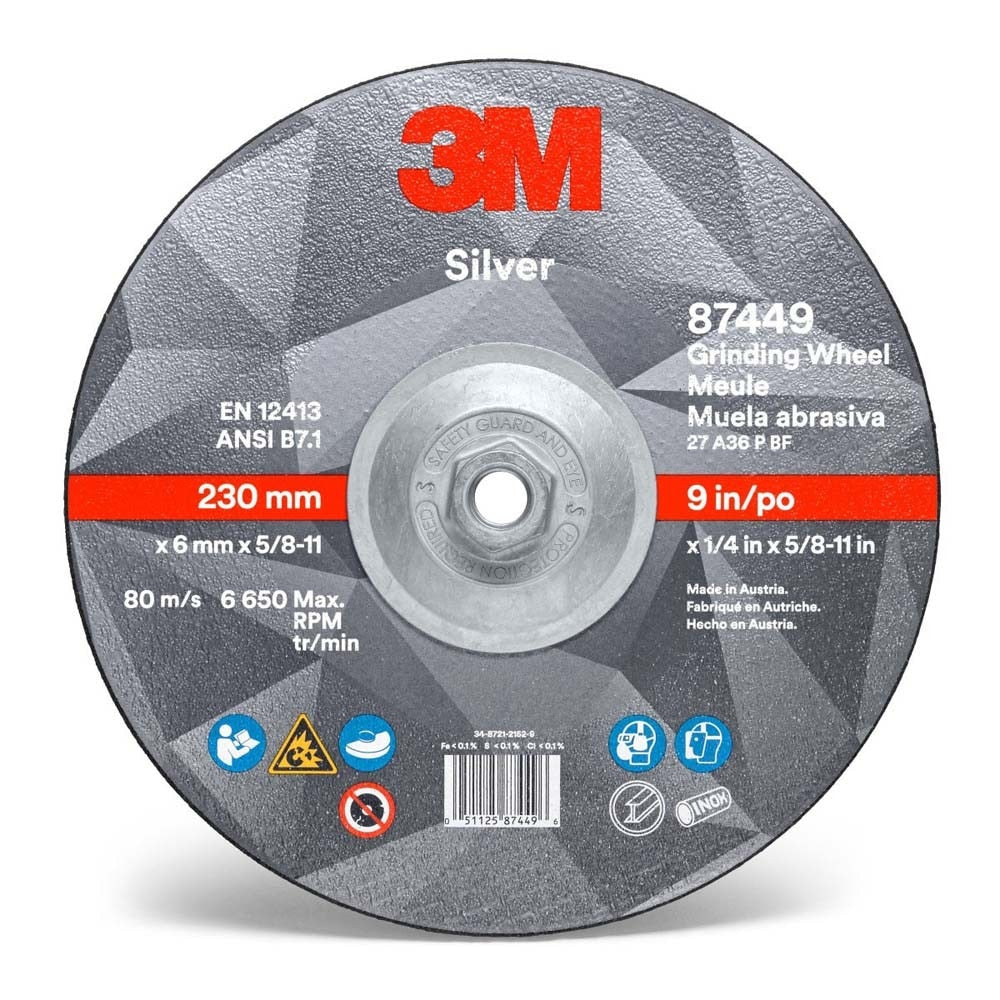 3M 7010409732 Silver Depressed Center Grinding Wheel, 87449, 36+, T27 Quick Change, 9 in x 1/4 in x 5/8 in-11 (10 Pack)