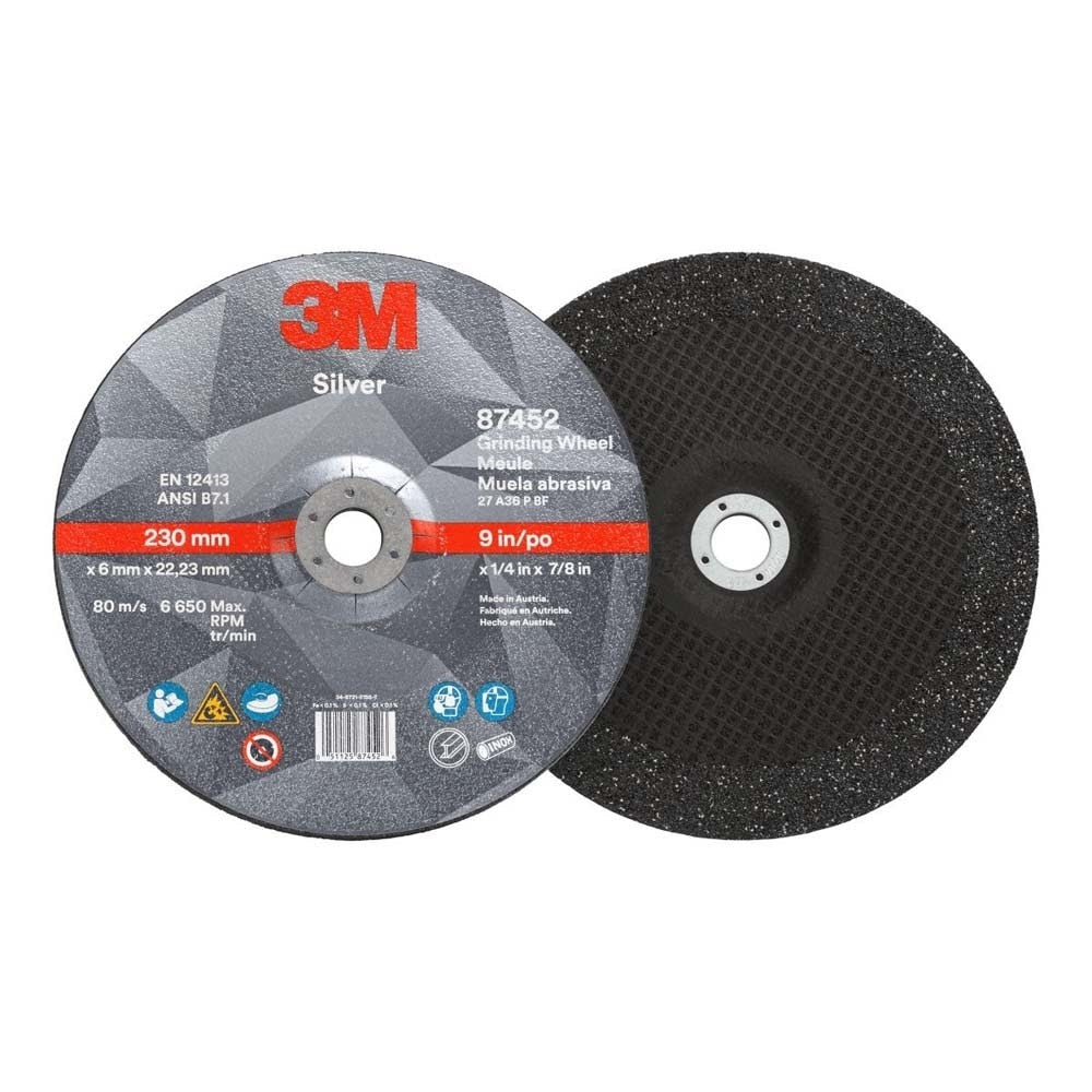 3M 7010410647 Silver Depressed Center Grinding Wheel 87452 36+ T27 9 in x 1/4 in x 7/8 in (10 Pack)