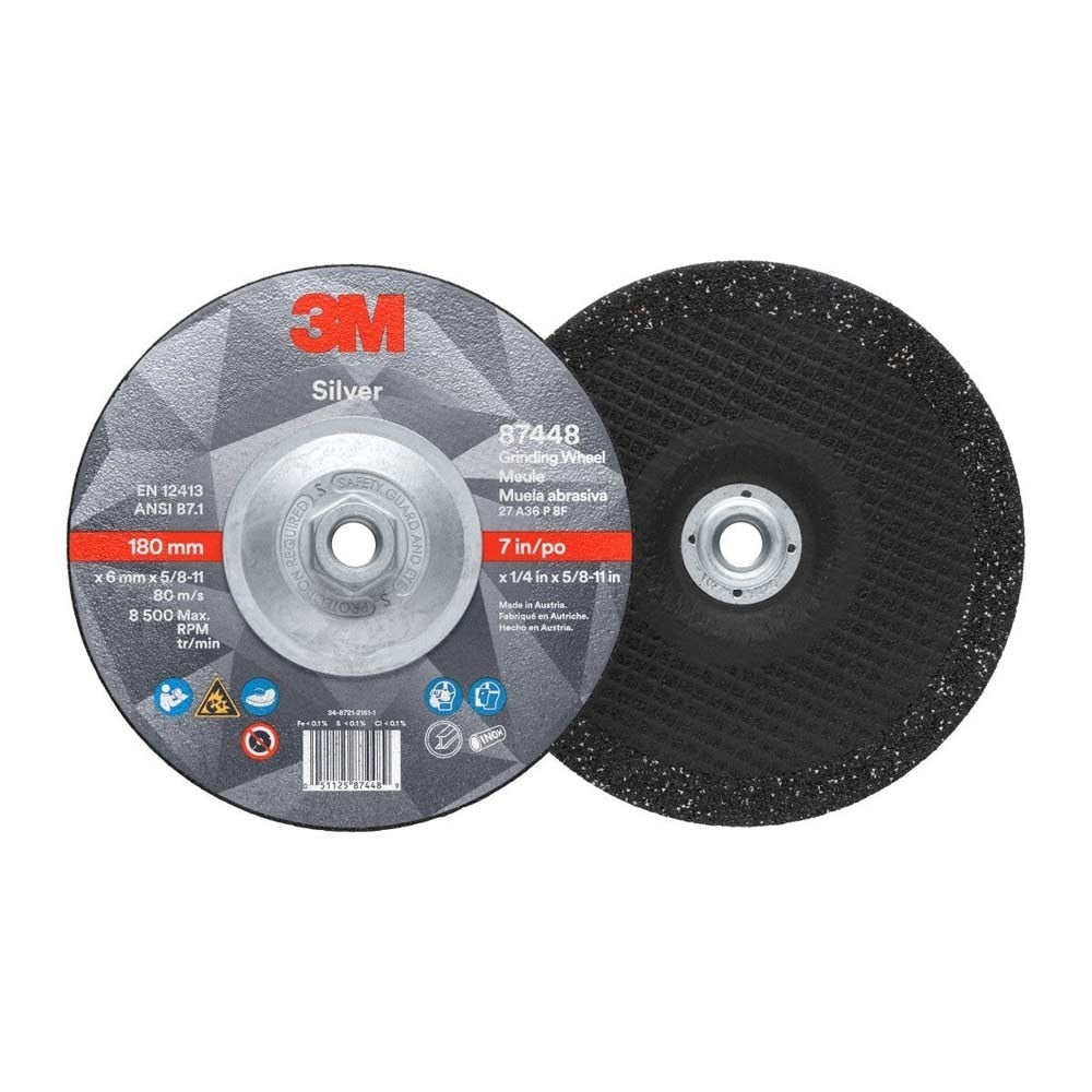 3M 7010412150 Silver Depressed Center Grinding Wheel, 87448, 36+, T27 Quick Change, 7 in x 1/4 in x 5/8 in-11 (10 Pack) - 2