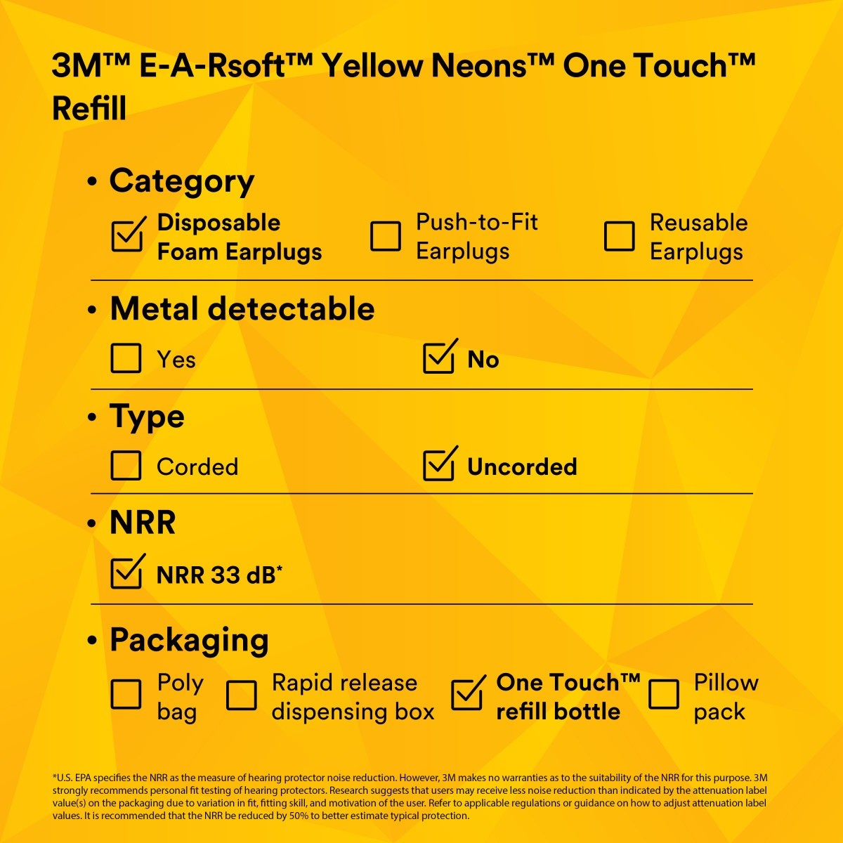 3M 391-1005 E-A-R Yellow Foam Disposable Earplugs Refill Bottle, Uncorded, NRR 33 dB, Large (7100001858) (1600 Pack) - 8