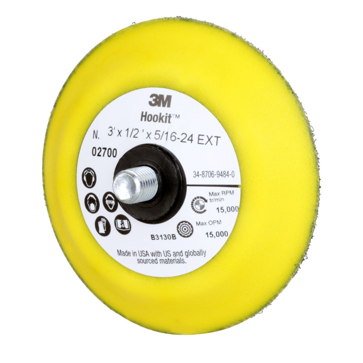 3M 02700 Hookit Disc Pad Back-up Pad Hook and Loop Yellow 3 in x 1/2 in 5/16-24 External (7100001985) (5 Pack) - 3