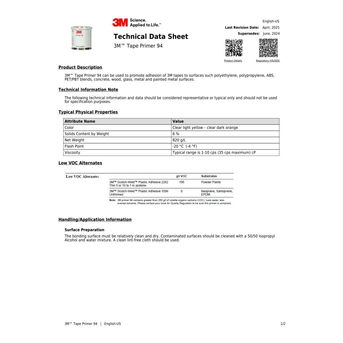 3M 94 Tape Primer, Light Yellow, 1/2 Pint (94 PRIMER) (7100003278) (12 Pack) - 3