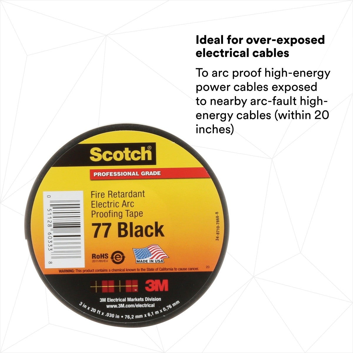 3M Scotch Fire-Retardant Electric Arc Proofing Tape 77, Black, 3 in x 20 ft (77B-3X20FT) (7100004701) (10 Pack) - 4