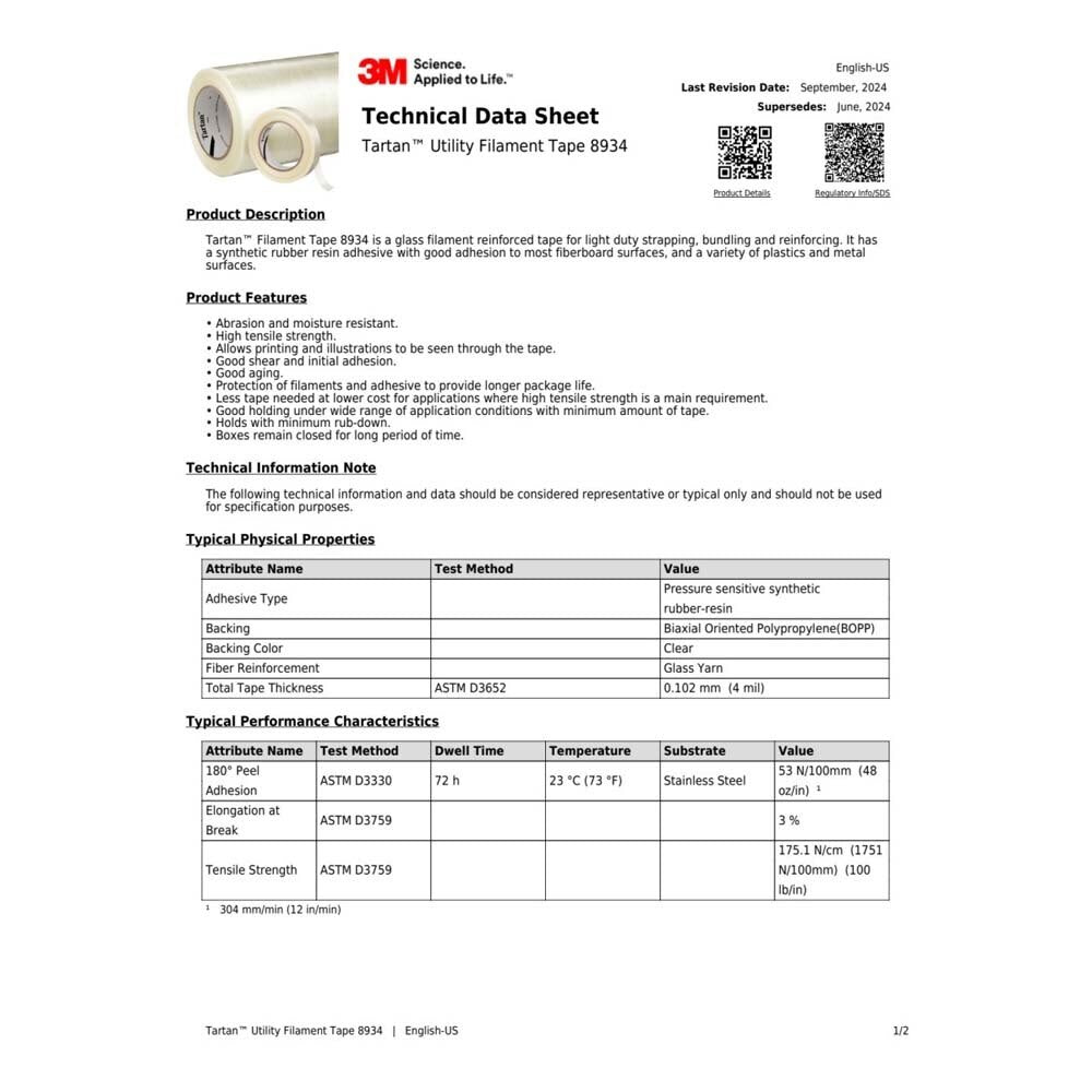 3M 8934 Tartan Filament Tape , Clear, 12 mm x 55 m, 4 mil, Model Number: -12MMX55M (7100009809) (72 Pack) - 2