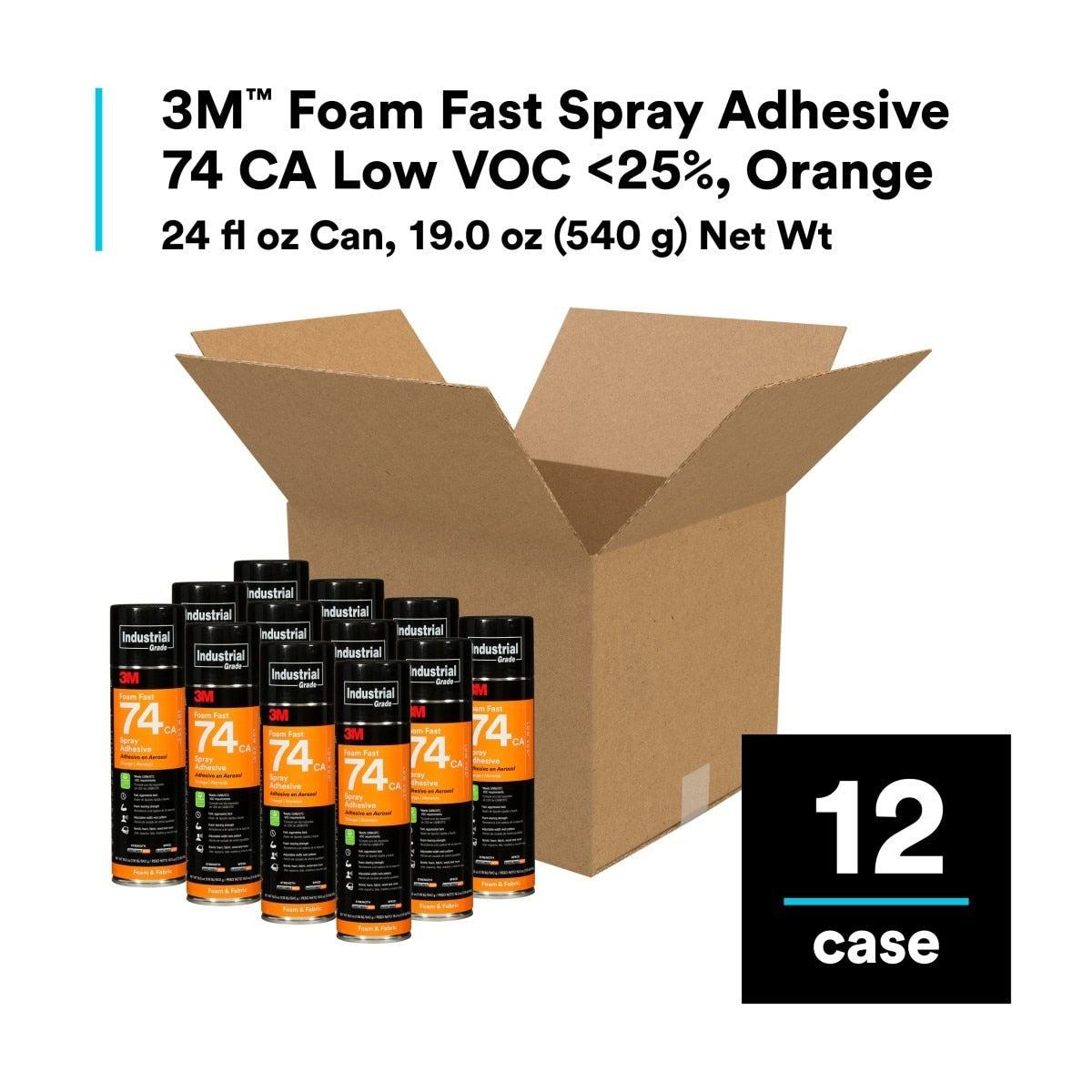 3M 74 Foam Fast CA Spray Adhesive, Low VOC <25%, Orange, 24 fl oz (Net Wt 19 oz) (74) (7100014104) (12 Pack) - 9