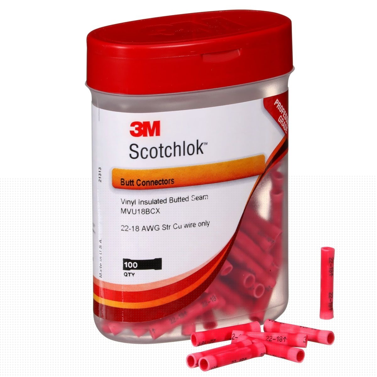 3M MVU18BCX Butt Connector, Vinyl Insulated, Red, 22-18 AWG, 1 in (7100021008) (500 Pack) - 10