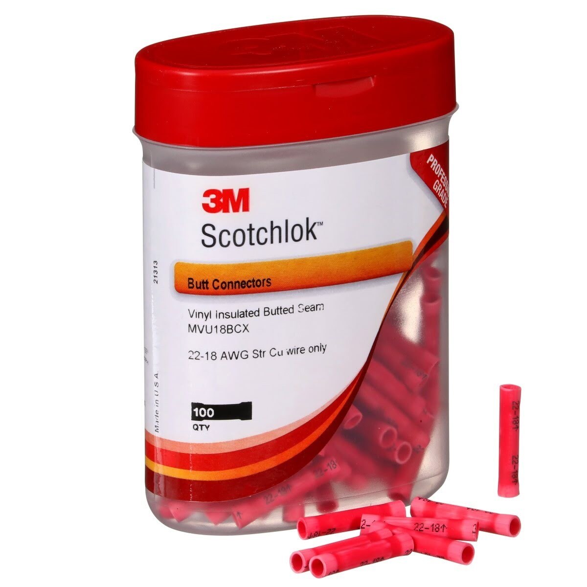 3M MVU18BCX Butt Connector, Vinyl Insulated, Red, 22-18 AWG, 1 in (7100021008) (500 Pack) - 10