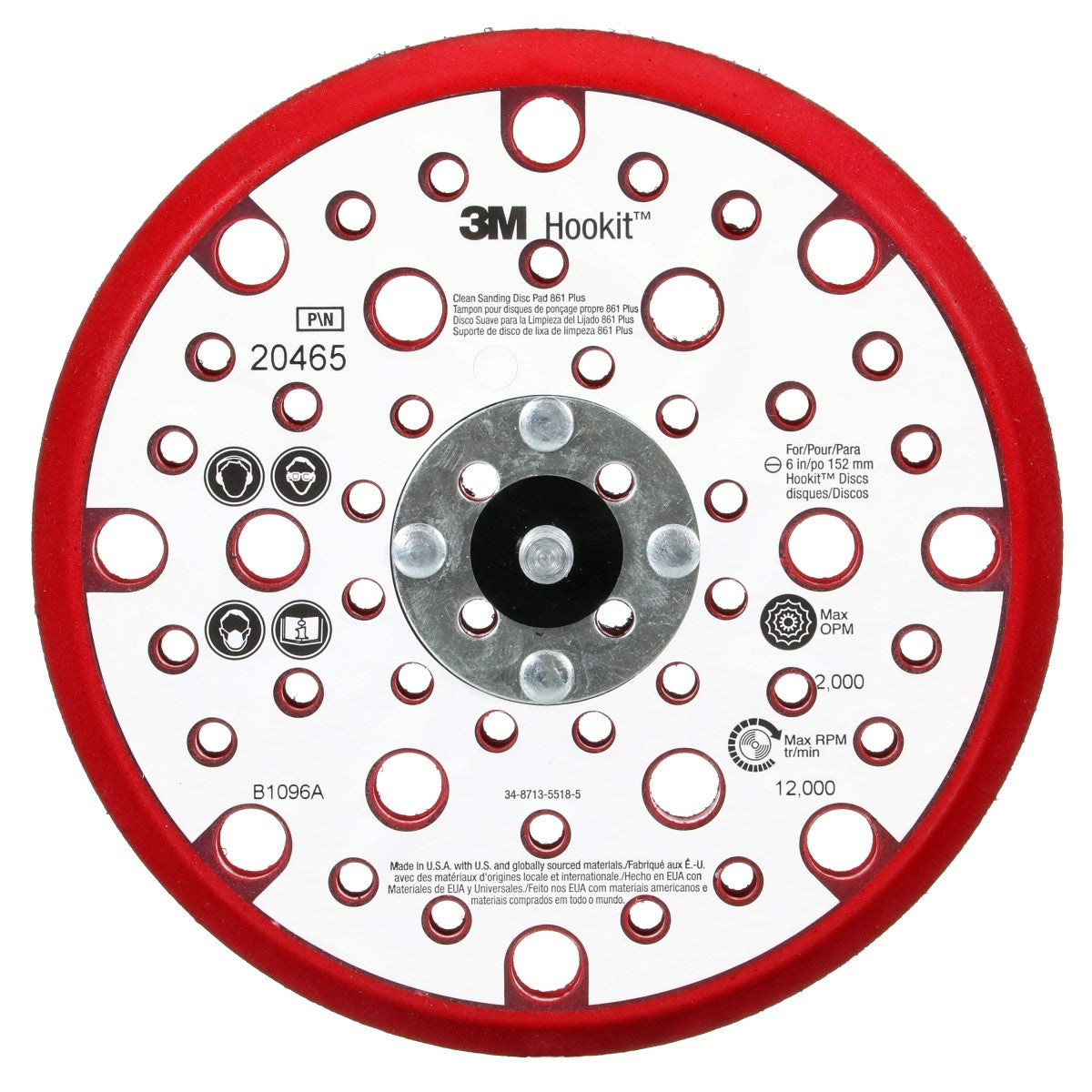 3M 20465 Xtract Hookit Low Profile Back-up Pad 861 Plus, Red Foam, 6 in, 53 Holes, 5/16-24 EXT (7100022038) (10 Pack)