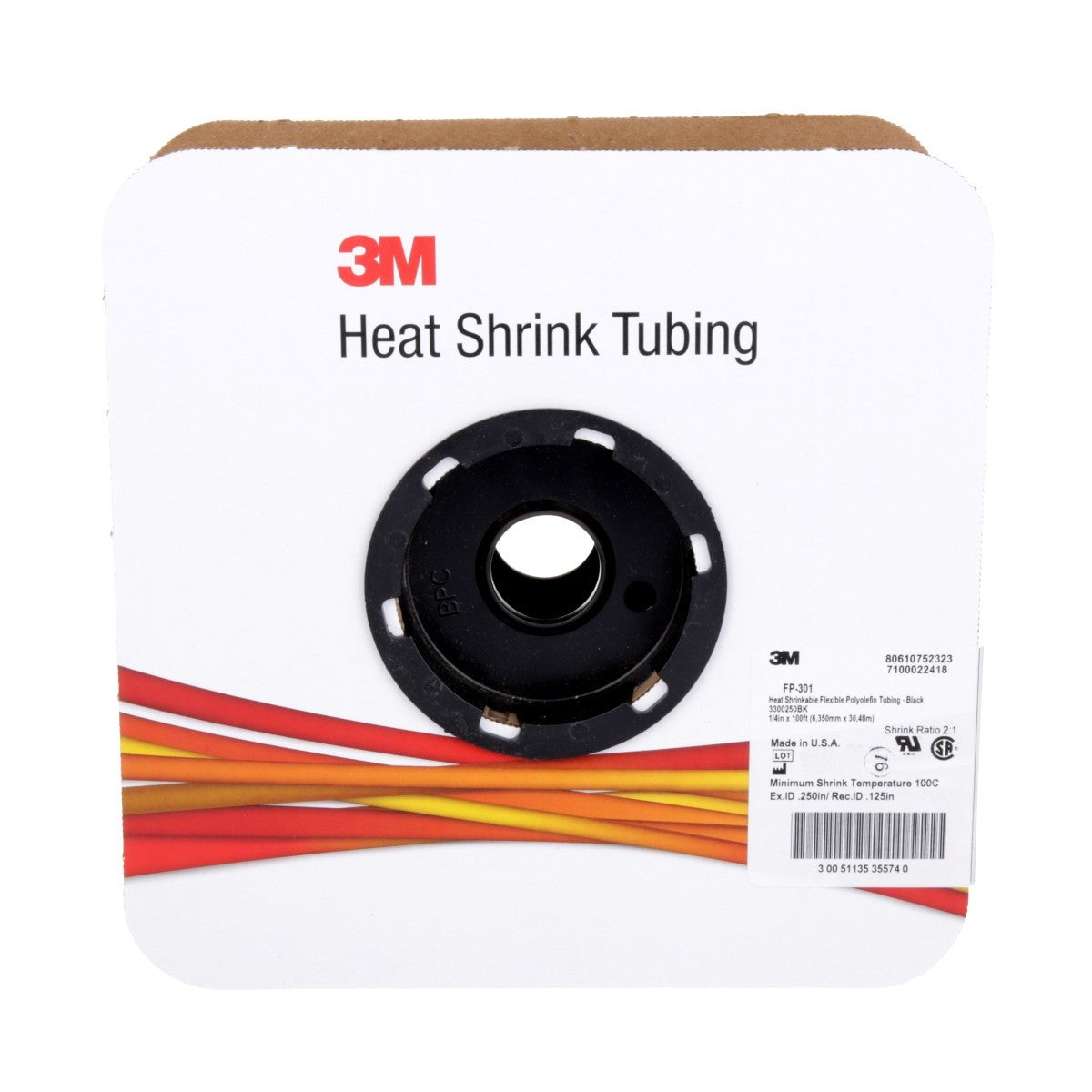 3M Heat Shrink Thin-Wall Tubing FP-301, 1/4 in ID, Black, 100 ft Roll, 2 to 1 Shrink Ratio, 600V (FP0.250BK100'S) (7100022418) (3 Pack)