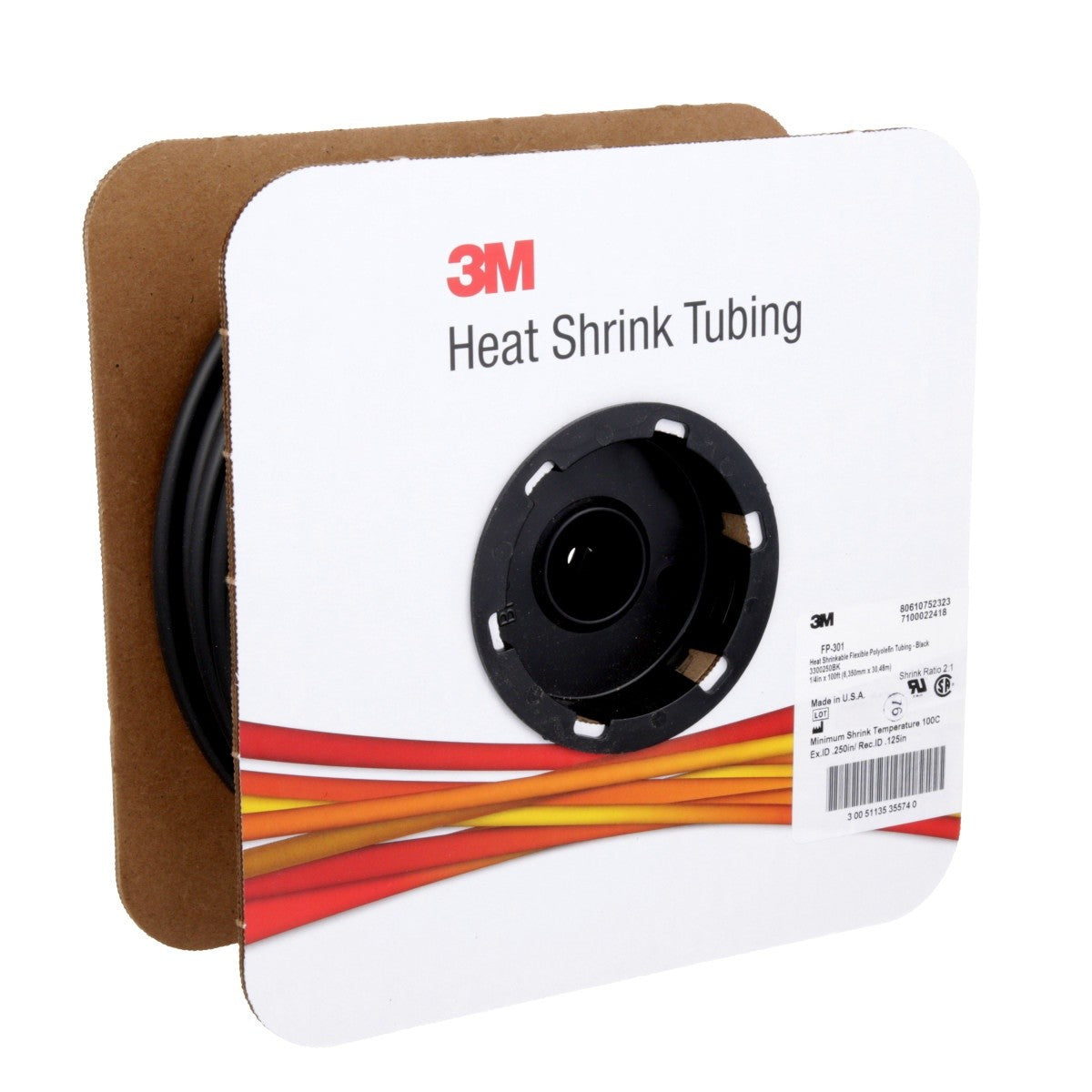 3M Heat Shrink Thin-Wall Tubing FP-301, 1/4 in ID, Black, 100 ft Roll, 2 to 1 Shrink Ratio, 600V (FP0.250BK100'S) (7100022418) (3 Pack) - 2